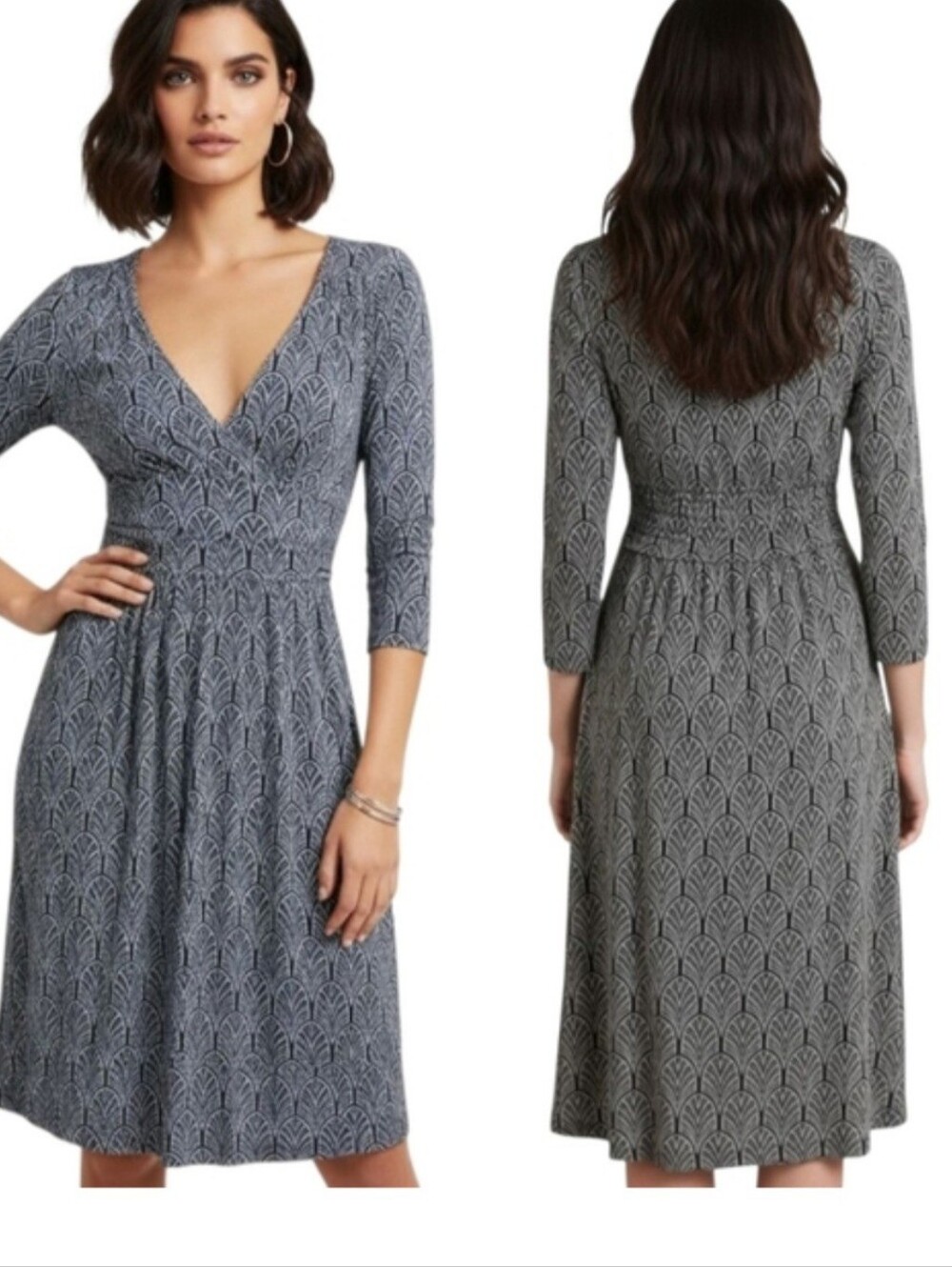 Anthropologie Dress Maeve GALENA Black White Print Midi SMALL 3/4 sleeve V Neck.